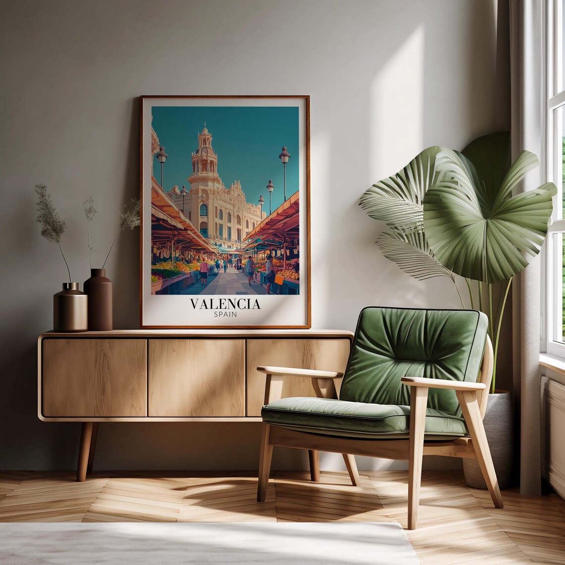 Valencia Spain Bustling Central Market Food Hall Scene Travel Poster - Image 3