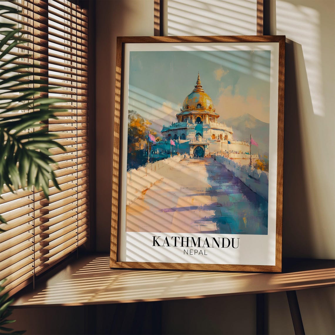 Kathmandu Nepal Golden Spire Stupa Sunlit Walkway Watercolor Poster - Image 3