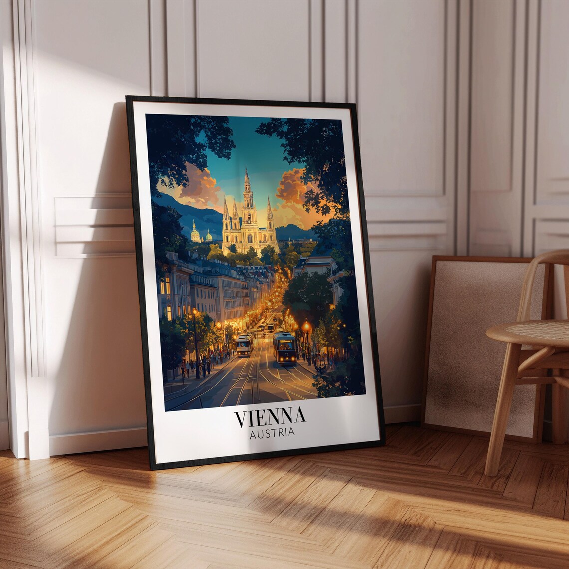 Vienna Austria Sunset Street with Illuminated Church Travel Poster - Image 4