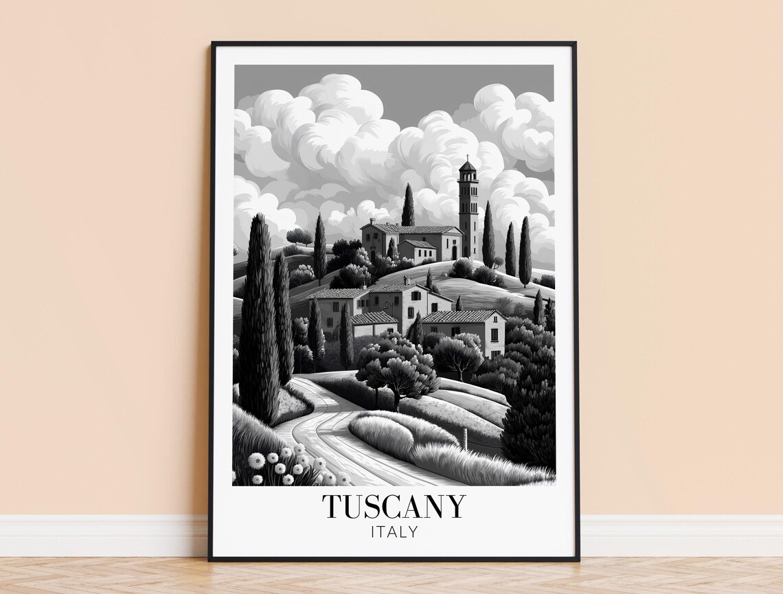 Tuscany Italy Cypress Hills Hilltop Village Monochrome Poster