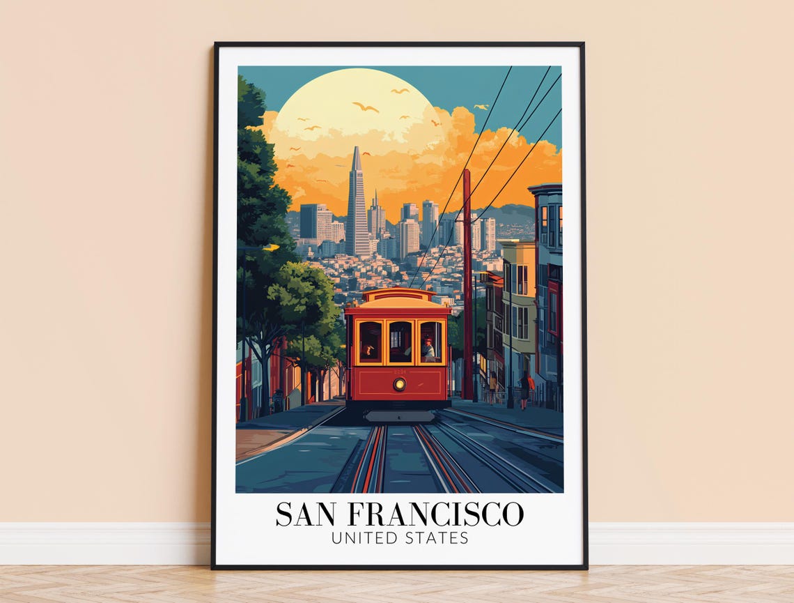 San Francisco Cable Car Hillside Sunset Skyline Travel Poster
