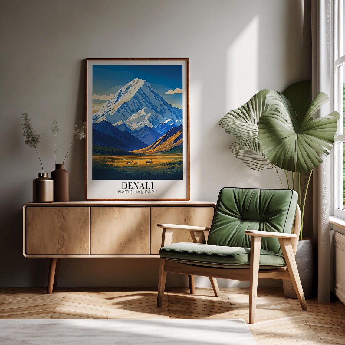 Denali National Park Snowy Mountain Peak Caribou Meadow Travel Poster - Image 3
