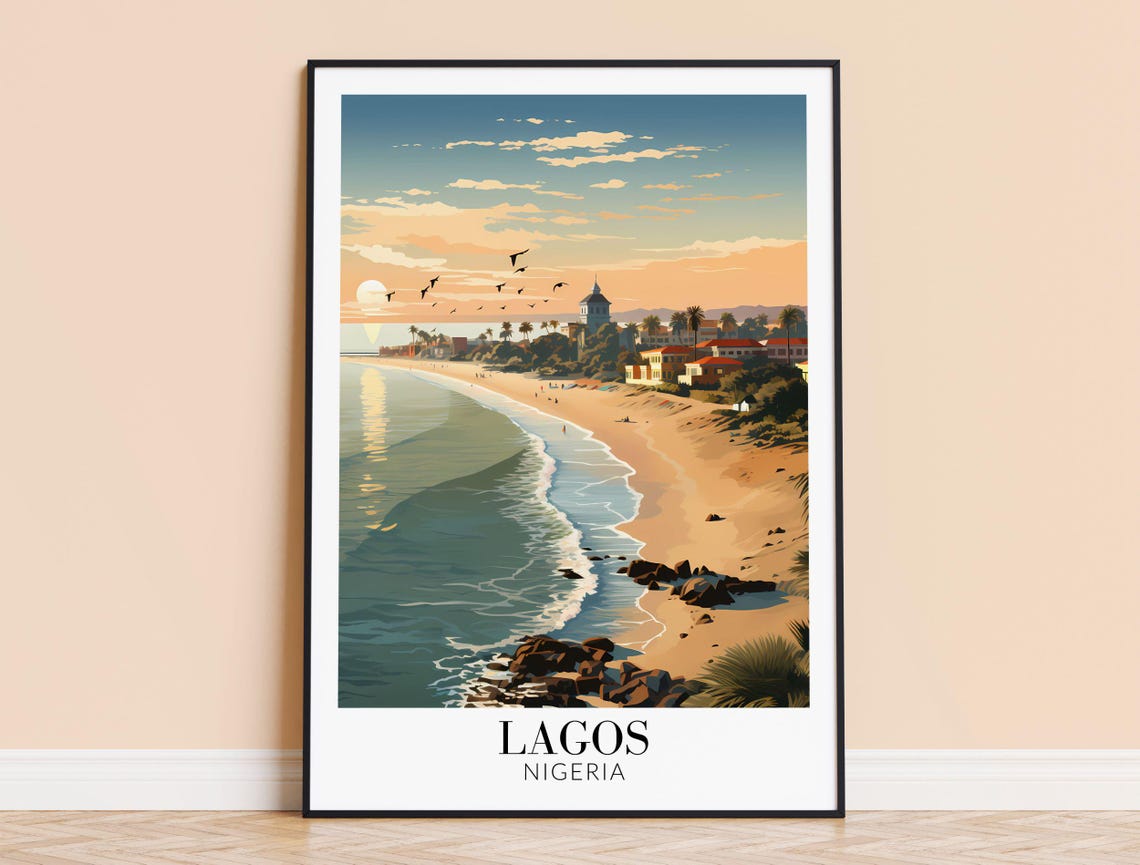 Lagos Nigeria Travel Poster Beach Sunset Palm Trees West Africa Decor