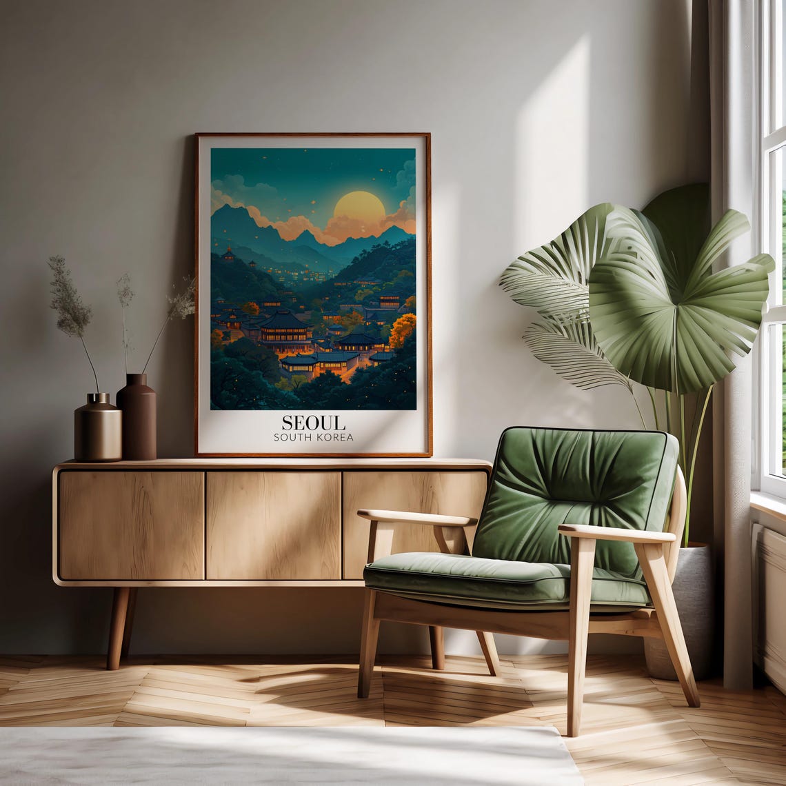 Seoul Night Temples Moonlit Mountains City Lights Travel Poster - Image 2