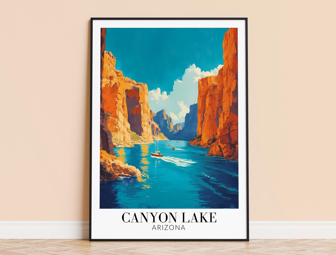 Canyon Lake Arizona Boats Turquoise Water Orange Cliffs Travel Poster