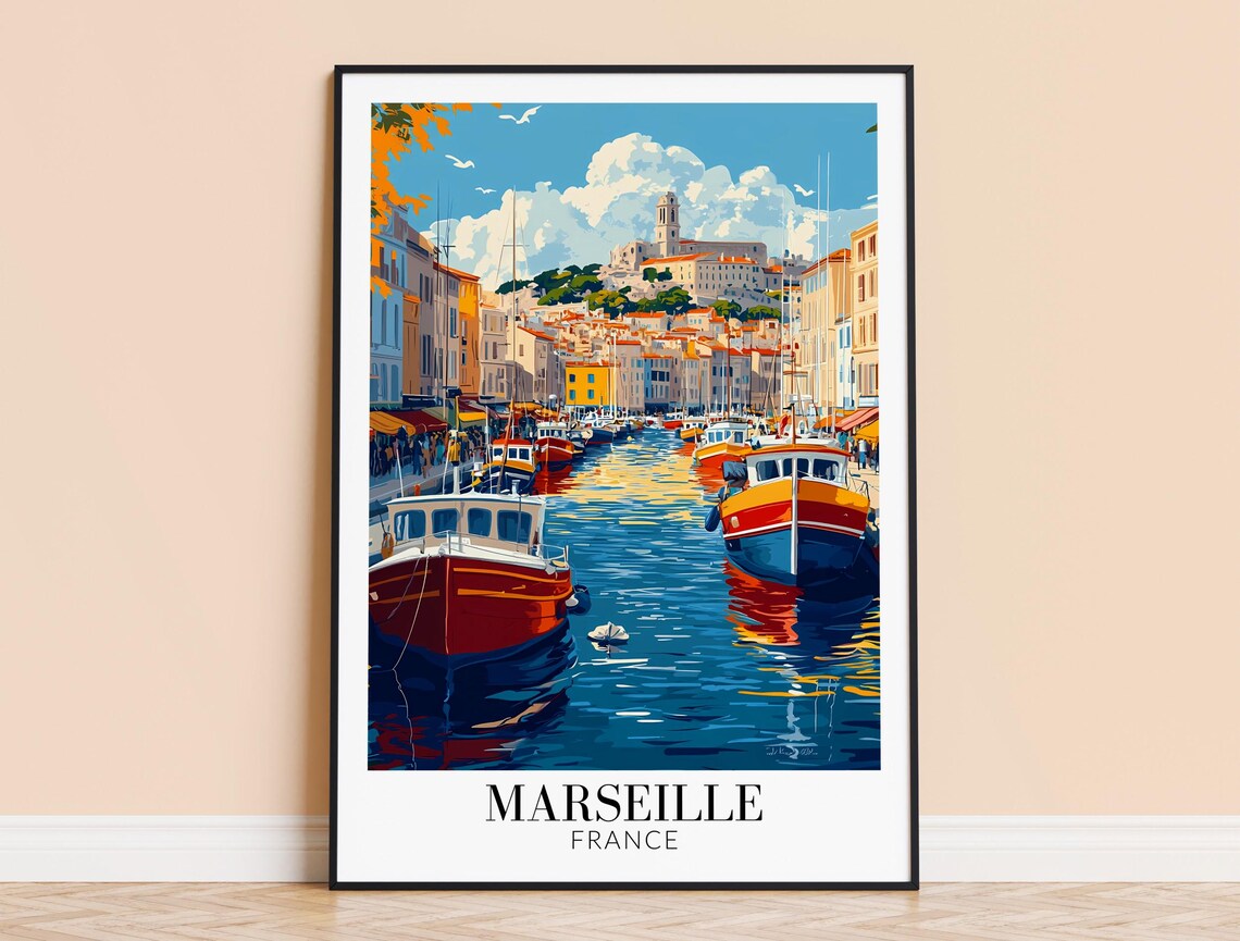 Marseille France Old Port Harbor Boats Hilltop Church Travel Poster
