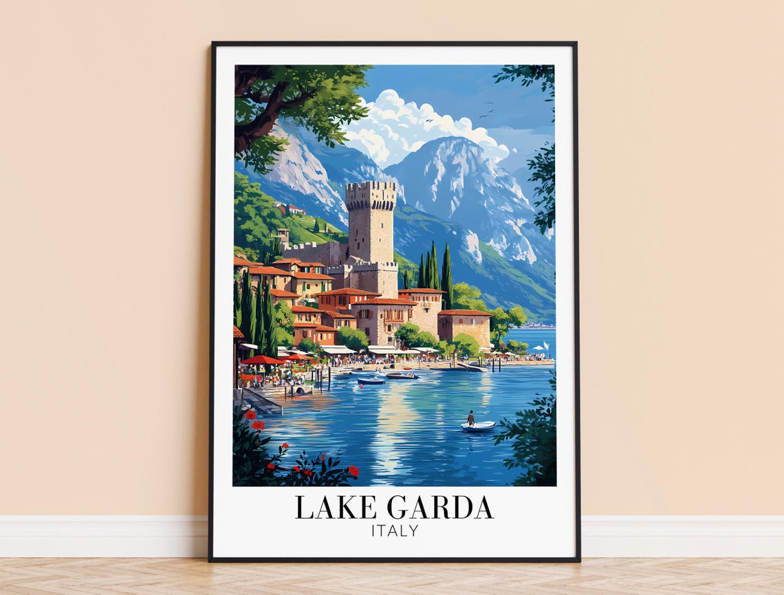 Lake Garda Italy Cliffside Castle Tower Above Blue Lake Travel Poster