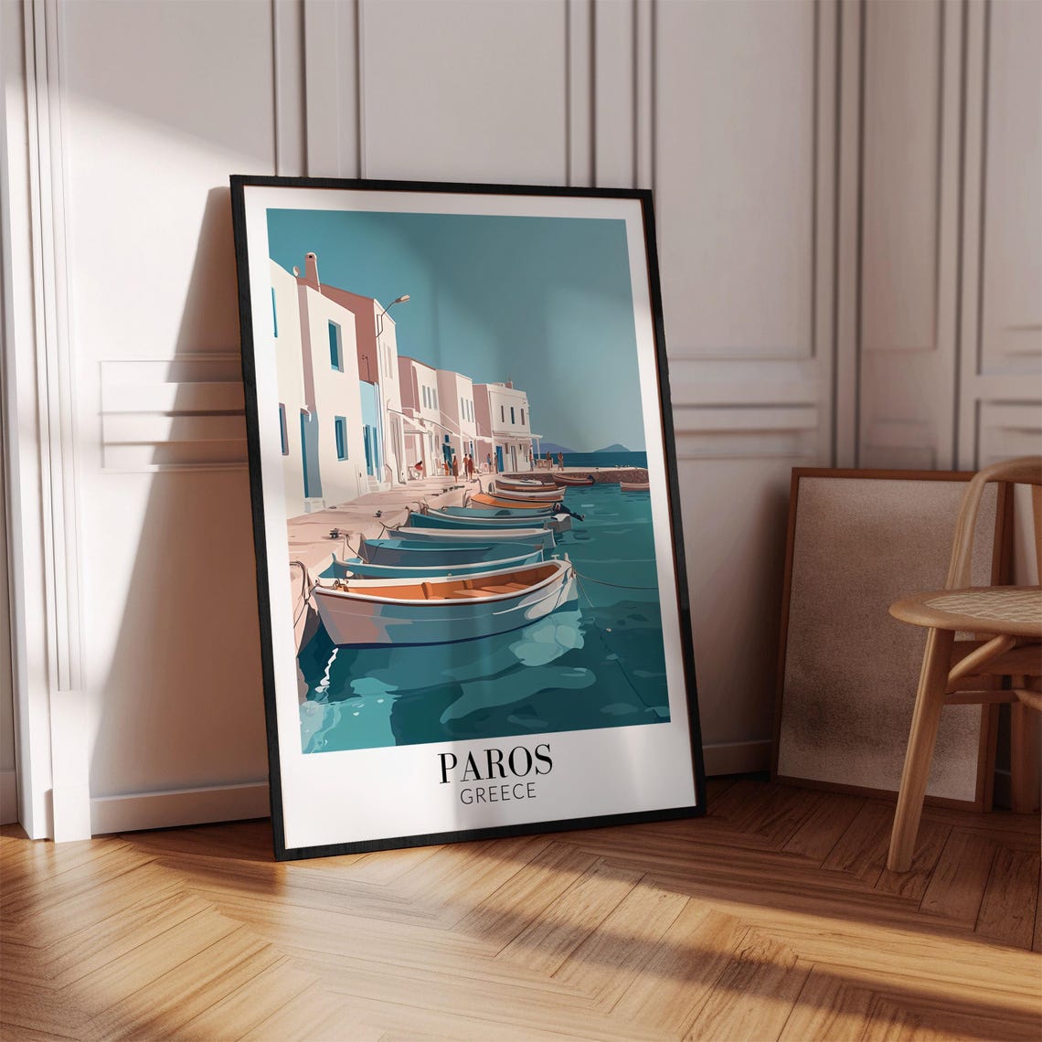 Paros Greece Whitewashed Houses Rowboats Quiet Harbor Travel Poster - Image 2