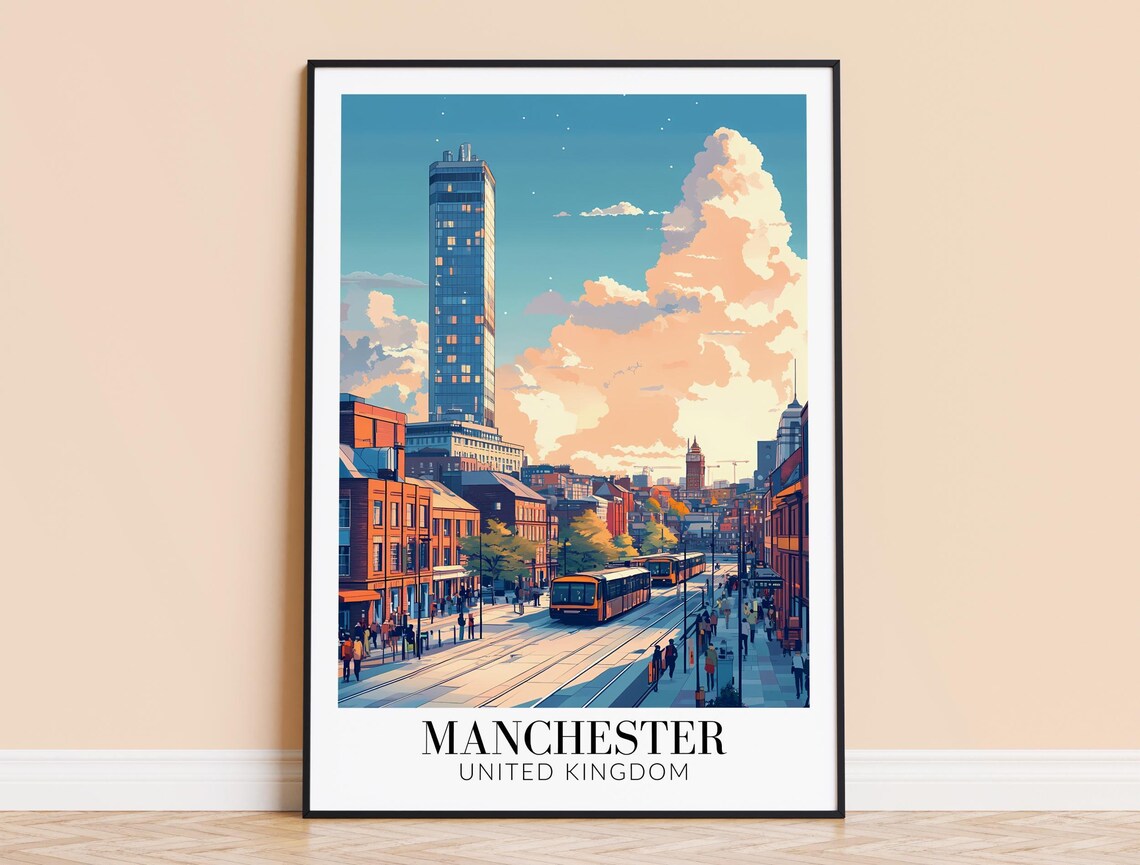 Manchester United Kingdom Beetham Tower Trams Street Travel Poster