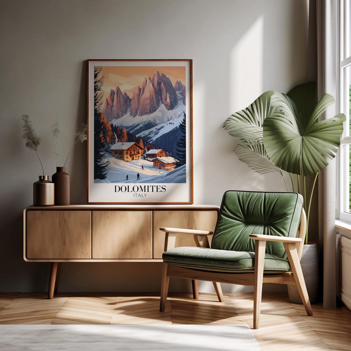 Dolomites Snowy Peaks Alpine Chalets Evening Glow Travel Poster - Image 3