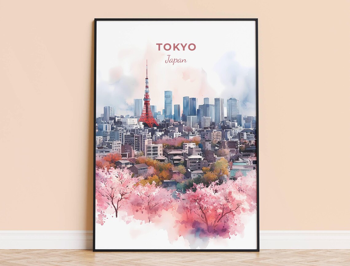 Tokyo Japan Pink Cherry Blossom Skyline Watercolor Travel Poster