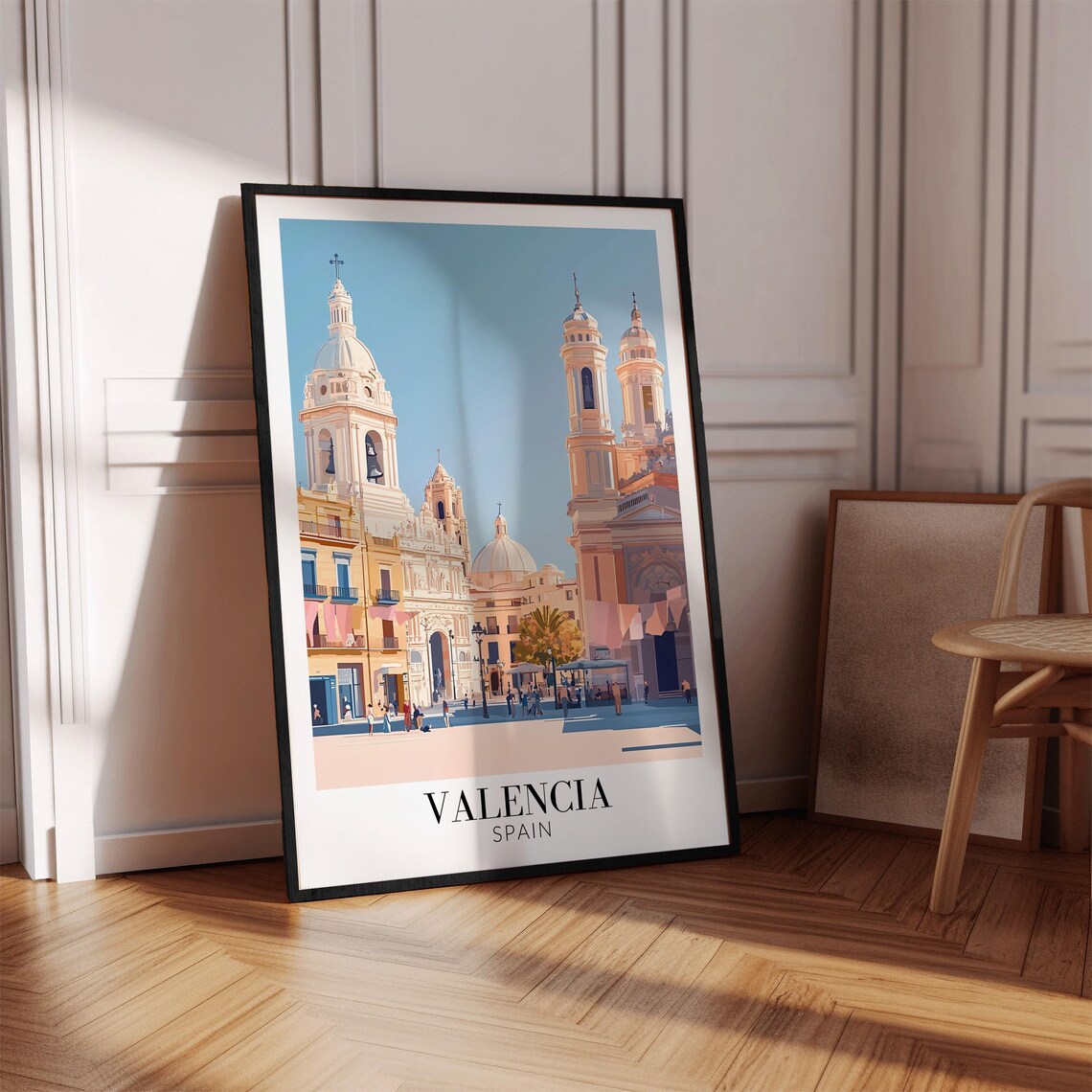 Valencia Spain Historic Twin Churches City Square Travel Poster - Image 3
