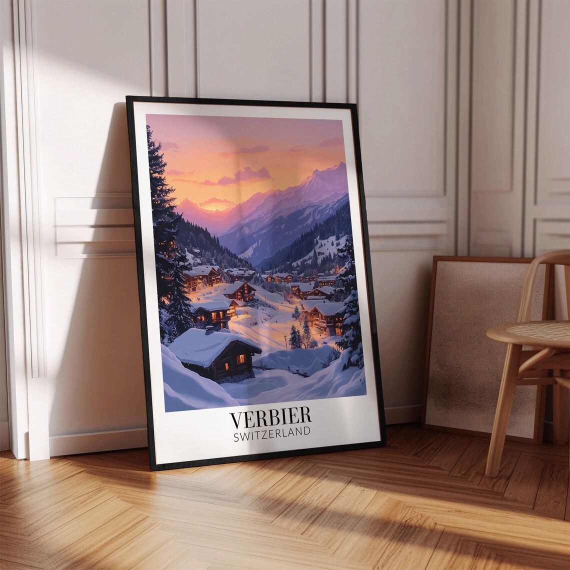 Verbier Switzerland Snowy Village Sunset Alpine Ski Travel Poster - Image 4