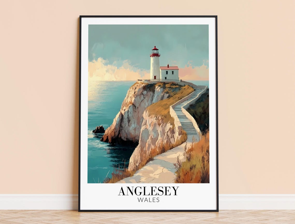 Anglesey Wales White Lighthouse Above the Sea at Sunset Poster