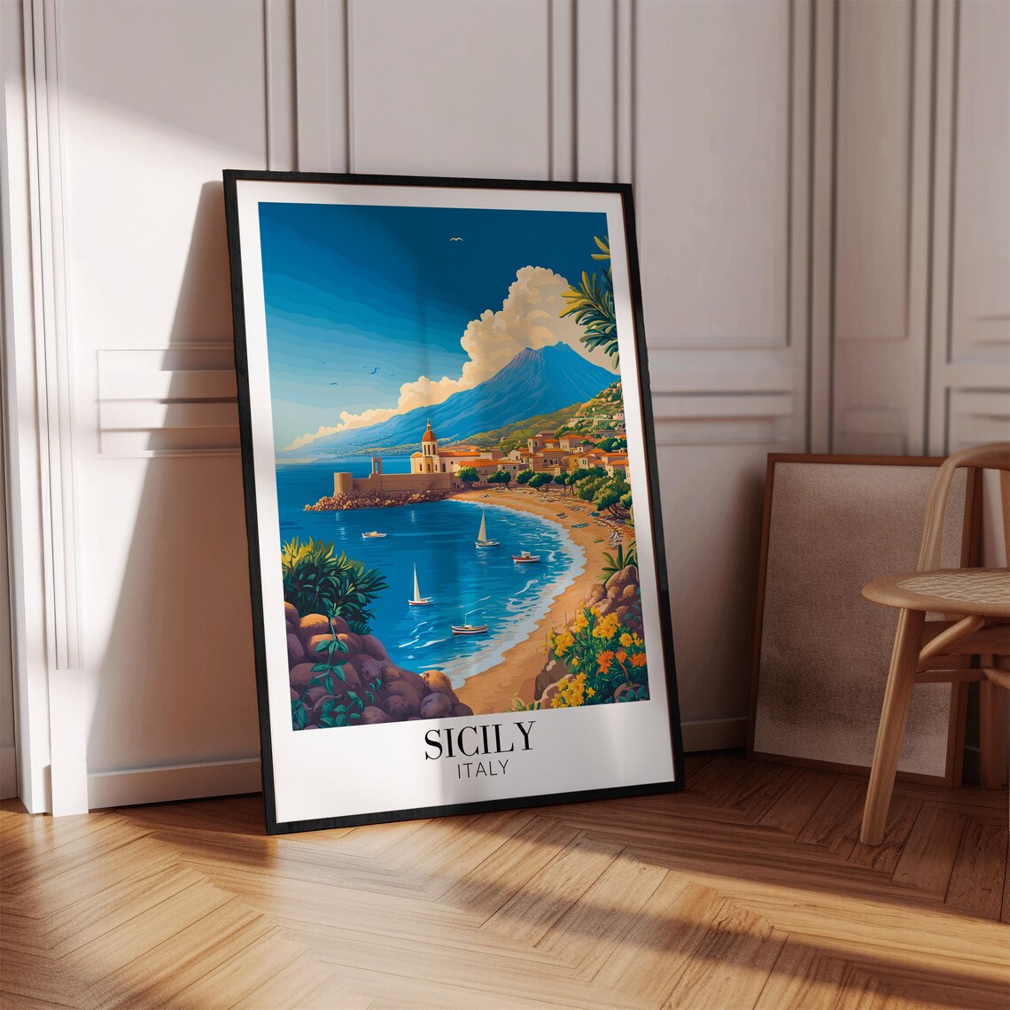 Sicily Coastal Fishing Town Church Beach Sailboats Travel Poster - Image 3