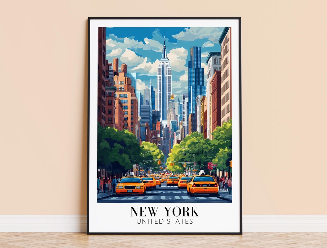 New York Manhattan Yellow Taxis Empire State Day Travel Poster
