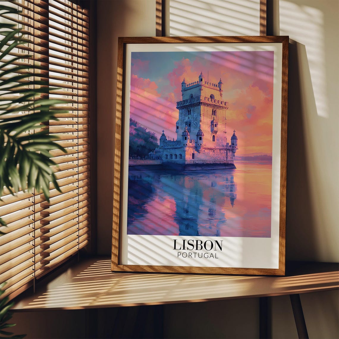 Lisbon Belem Tower Rosy Sunset River Reflection Travel Poster - Image 3