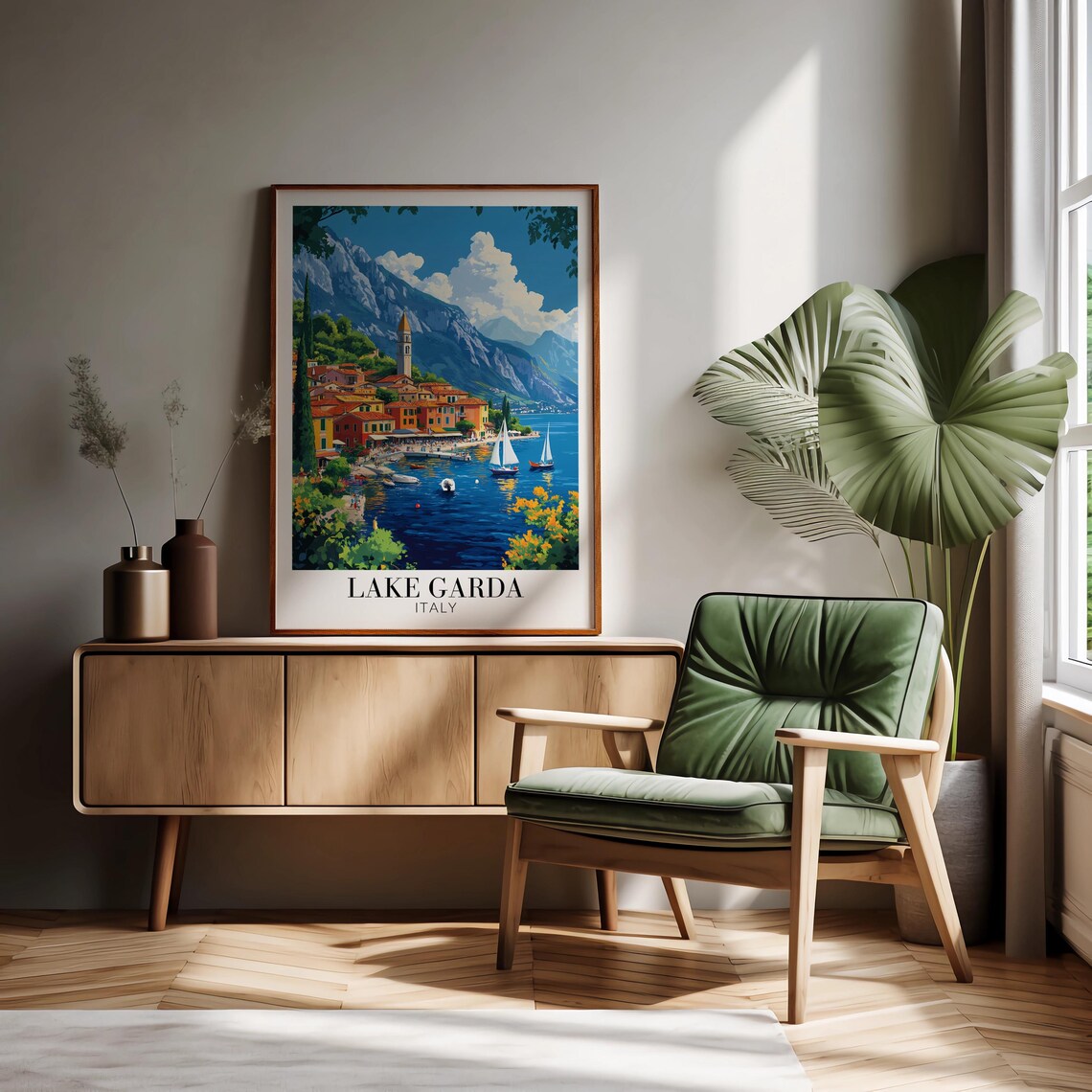 Lake Garda Italy Sailboats Village Church Spire Calm Water Poster - Image 2