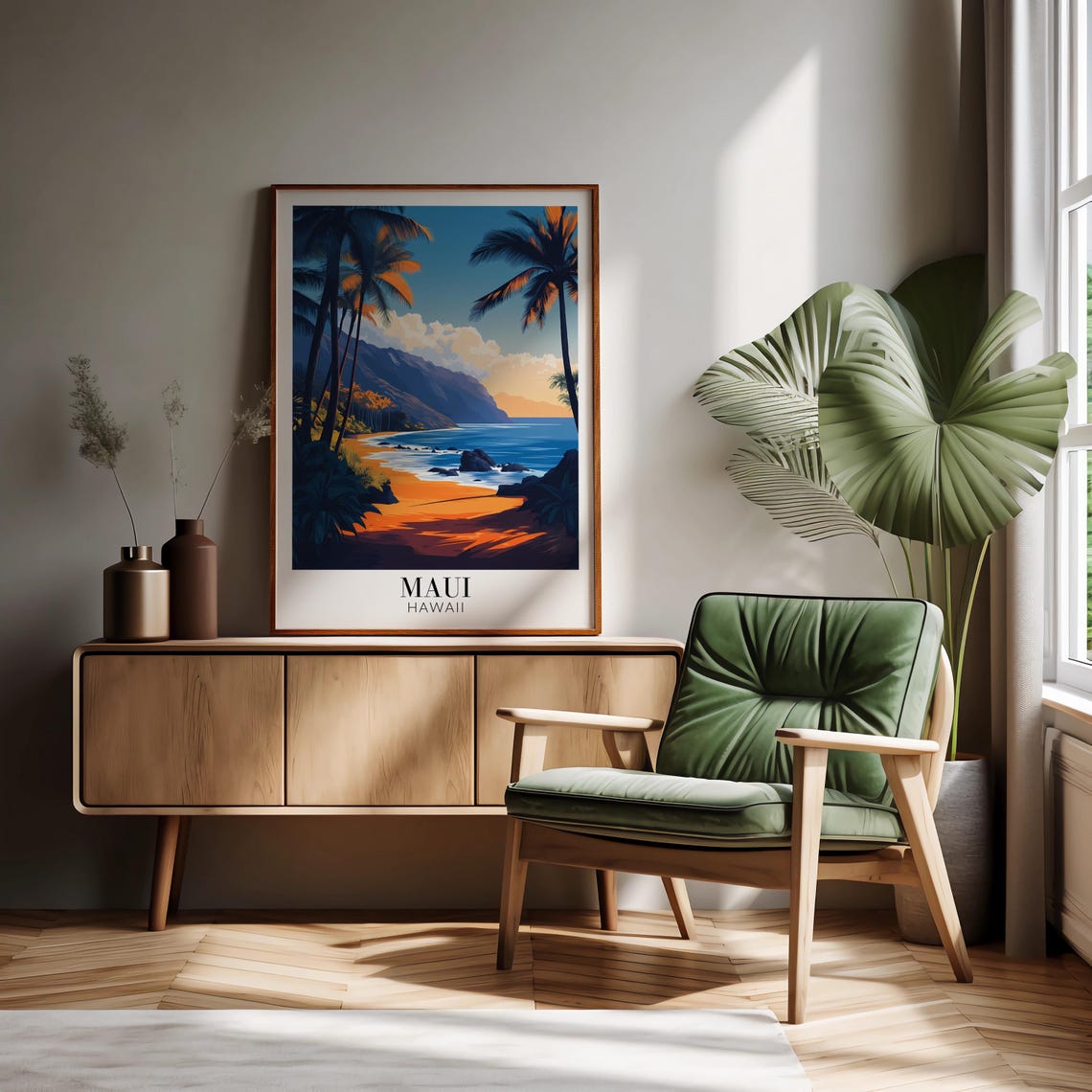 Maui Hawaii Sunset Beach Poster with Palm Trees and Ocean Waves - Image 3