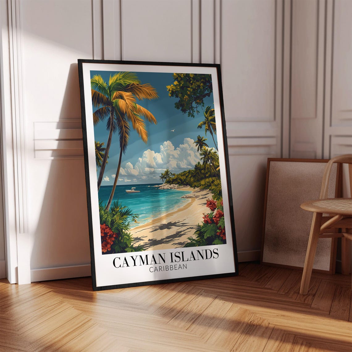 Cayman Islands Palm Framed Sandy Beach Boat Caribbean Travel Poster - Image 2