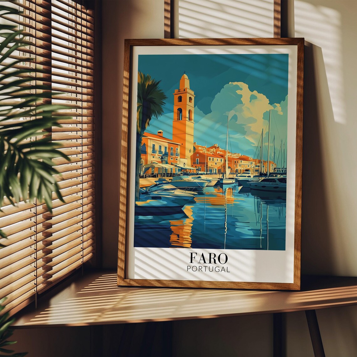 Faro Marina Portugal Sailboats Bell Tower Stylized Teal Poster - Image 4