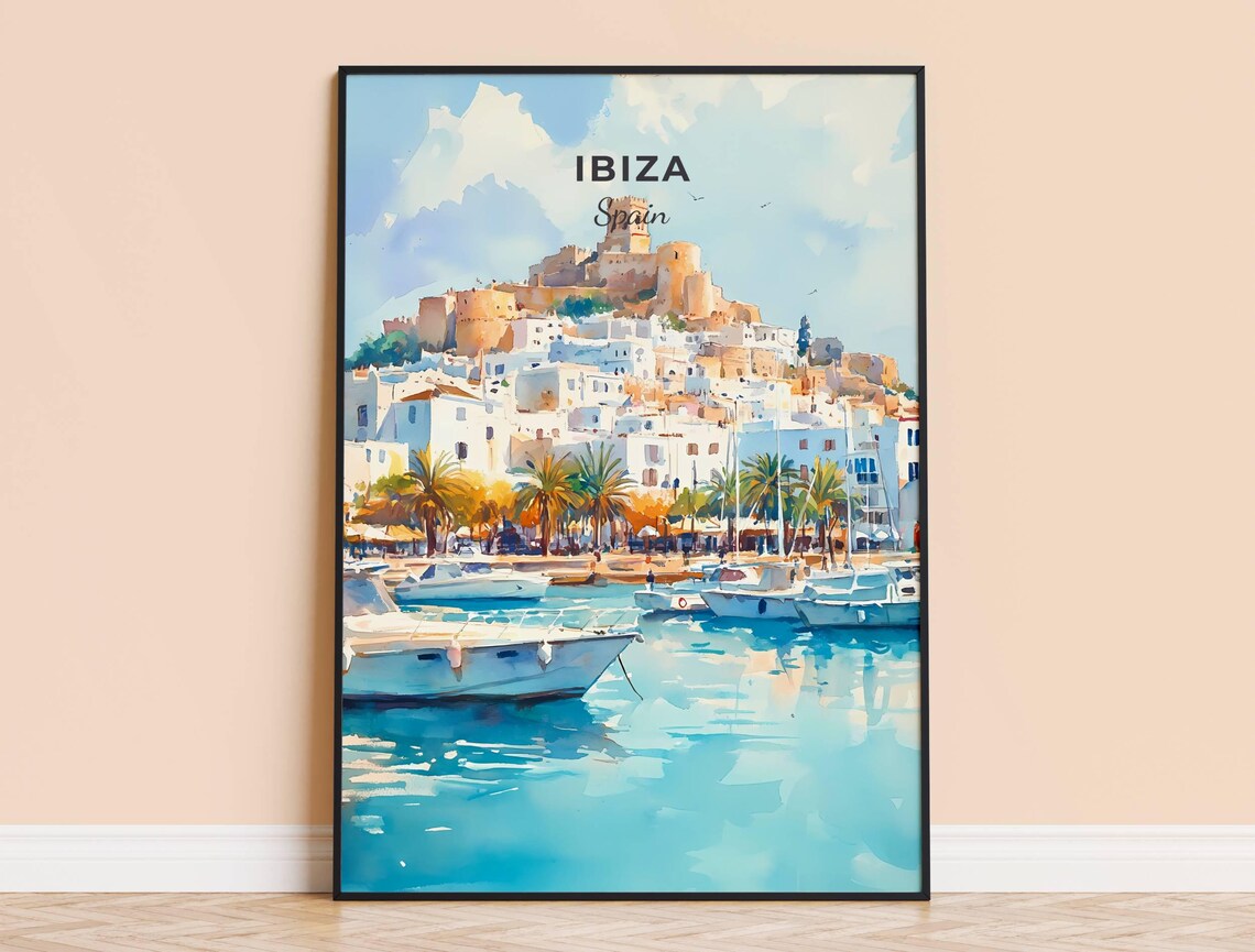Ibiza Spain Old Town Harbor Boats Dalt Vila Watercolor Travel Poster