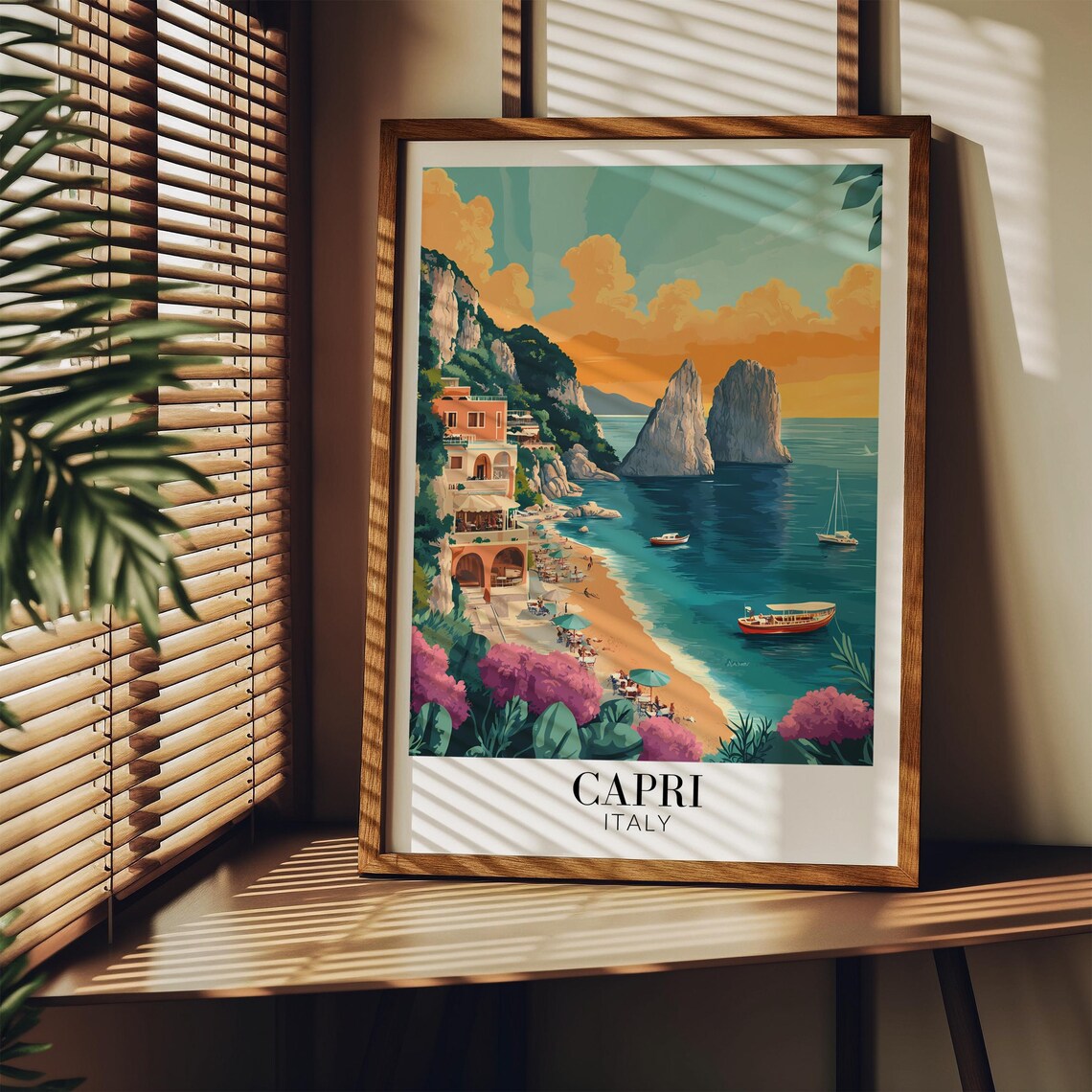 Capri Italy Faraglioni Sunset Beach Pink Blossom Travel Poster - Image 3