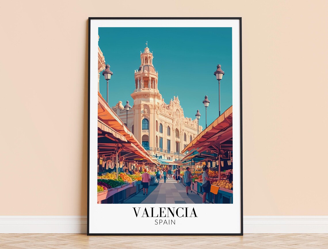 Valencia Spain Bustling Central Market Food Hall Scene Travel Poster