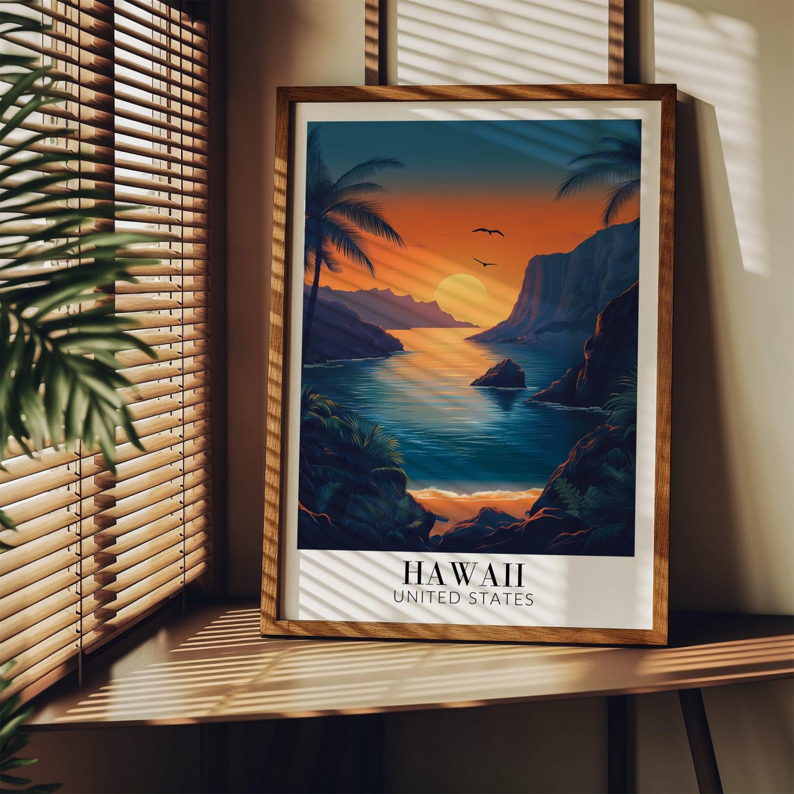 Hawaii Sunset Cove Poster with Palm Trees Cliffs and Sea Birds - Image 4