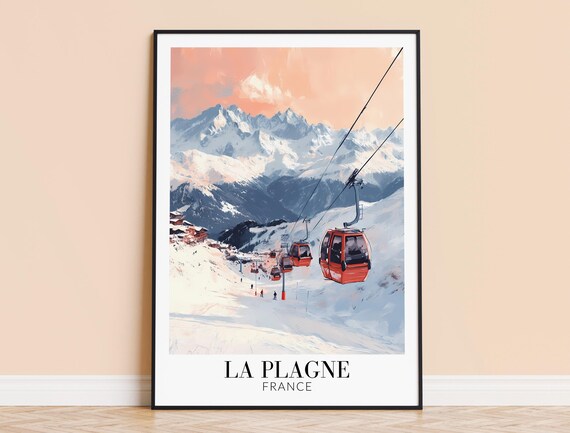 La Plagne France Sunset Gondola Ski Resort Alpine Travel Poster