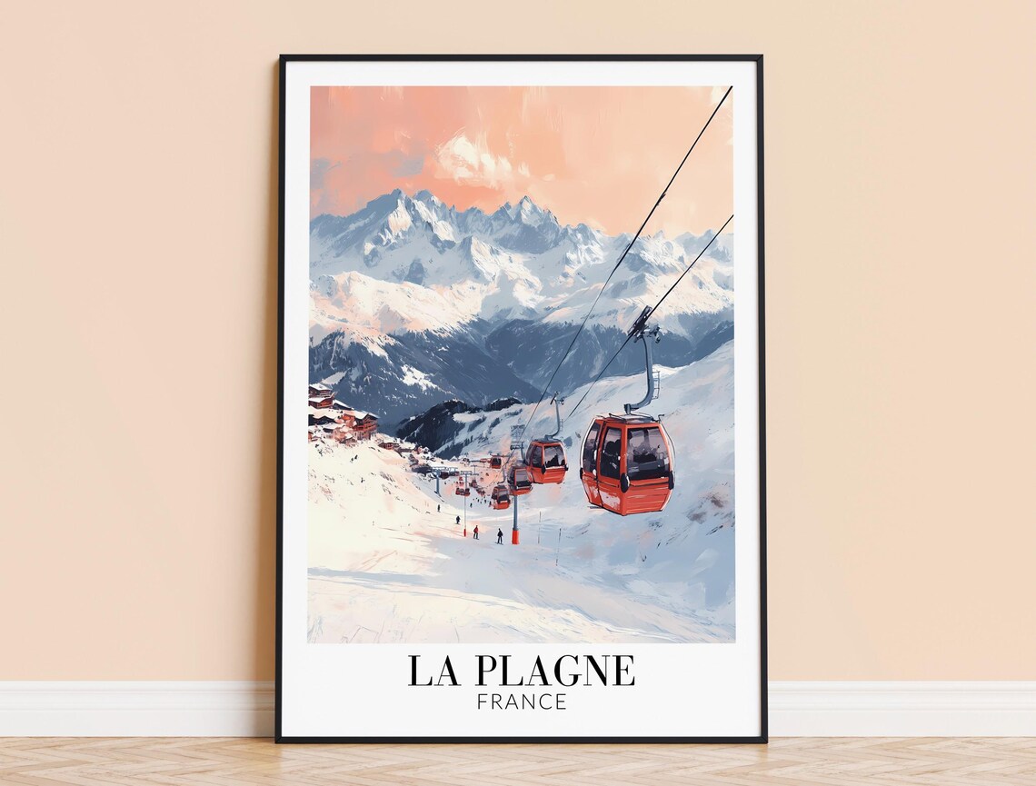 La Plagne France Sunset Gondola Ski Resort Alpine Travel Poster