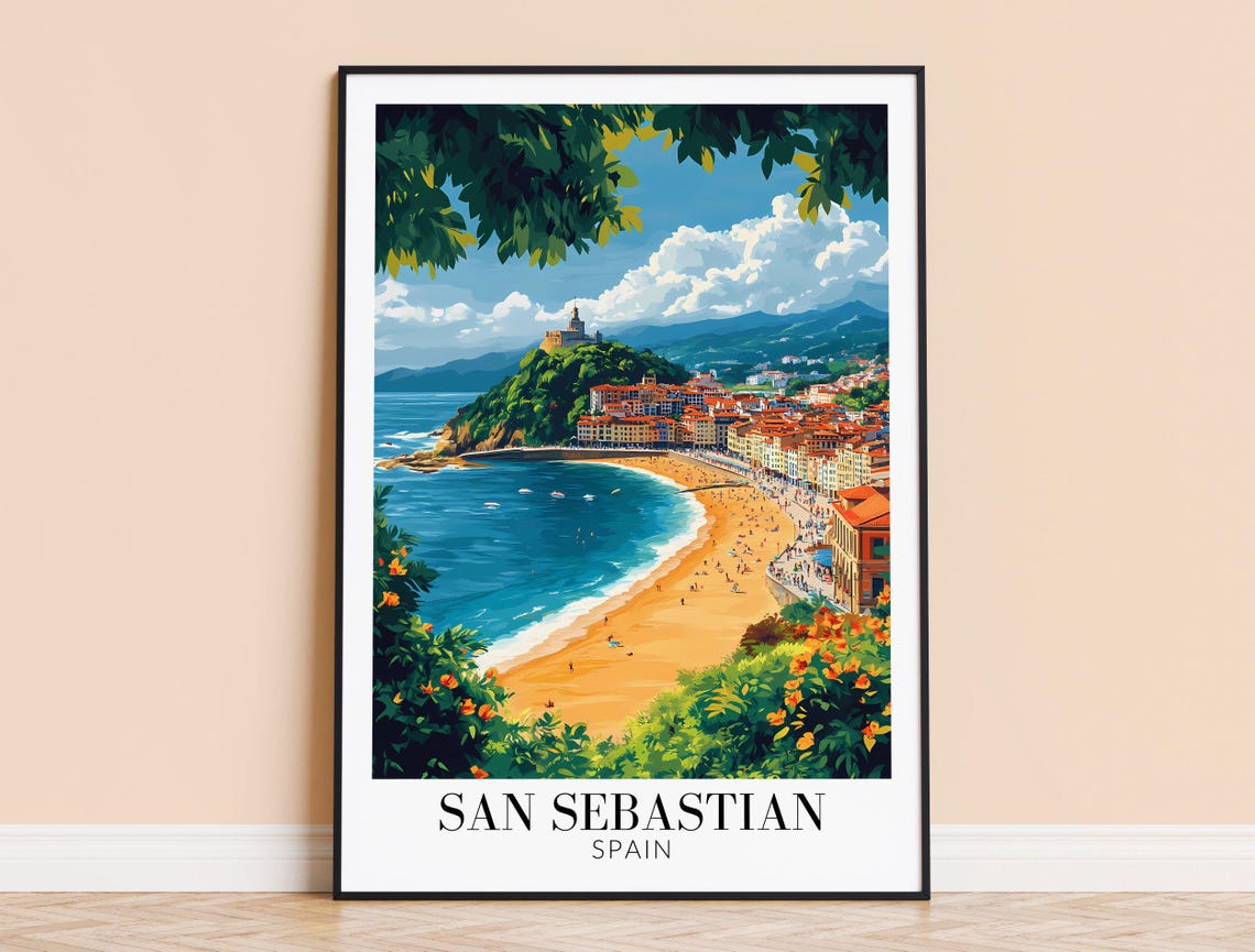 San Sebastian Spain Hillside Coastal Town Bay View Travel Poster