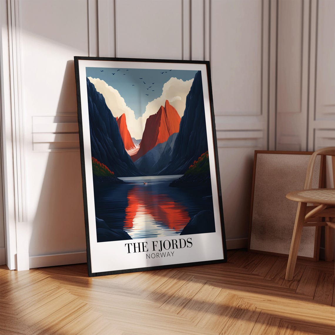 Norwegian Fjords Dramatic Red Peaks Mirror Reflection Travel Poster - Image 3