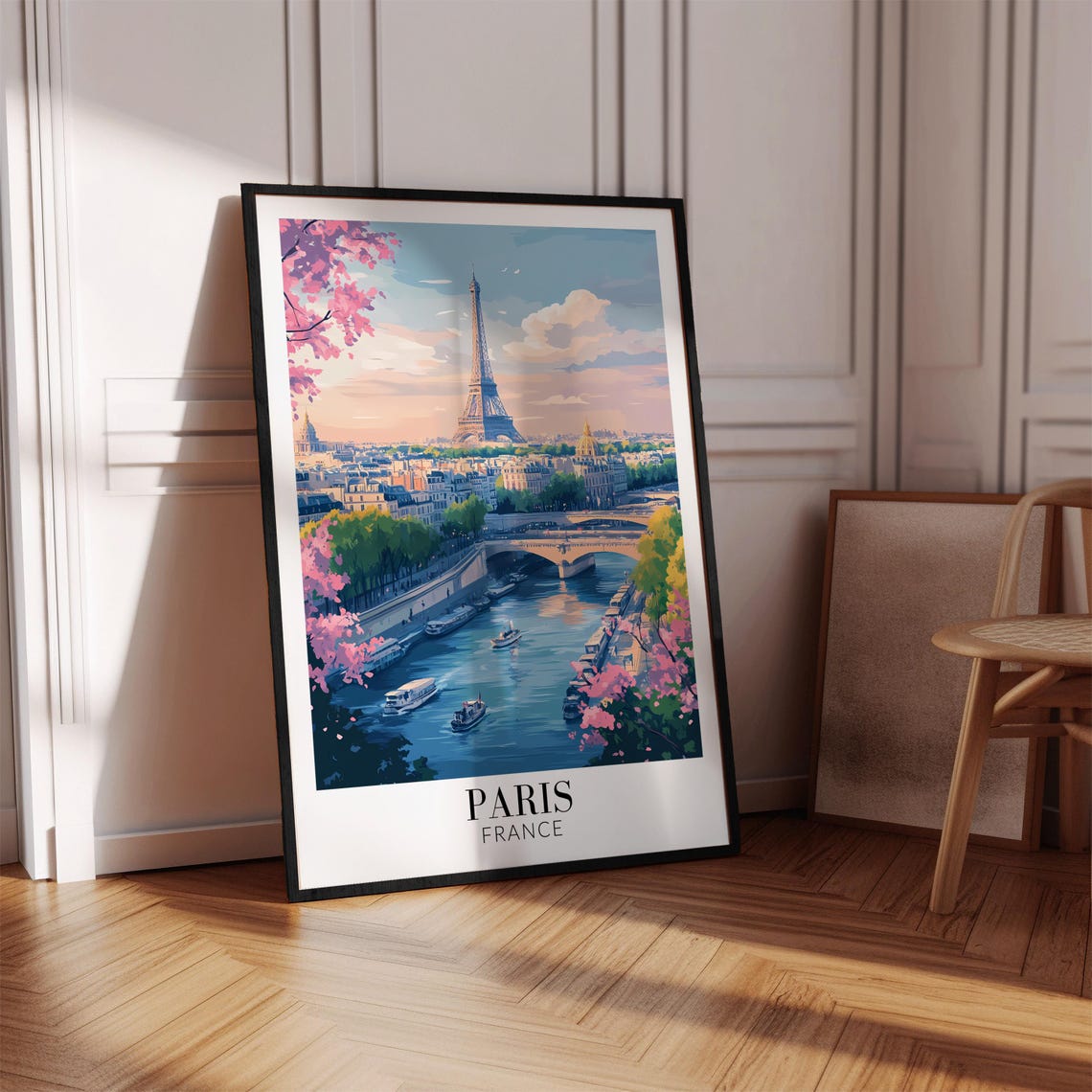 Paris Eiffel Tower Seine Pink Blossom Boats Spring Travel Poster - Image 4