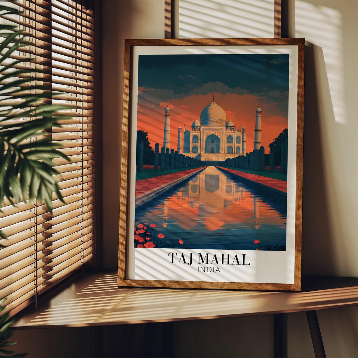 Taj Mahal Fiery Sunset Sky Mirror Reflection Gardens India Poster - Image 3