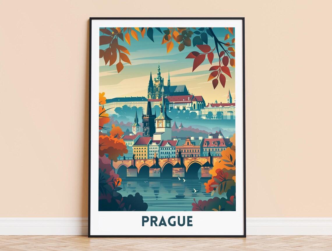 Prague Autumn Charles Bridge and Castle Golden Hour Travel Poster