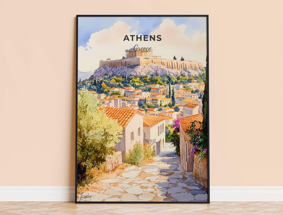 Athens Watercolor Print Greece Travel Wall Art City Poster Framed Home Decor Wedding And Housewarming Gift Personalised