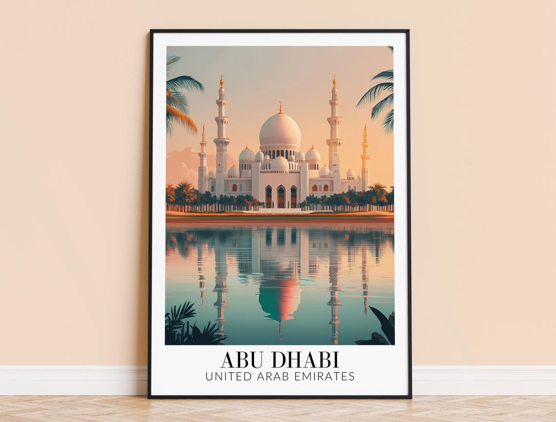 Abu Dhabi UAE Golden Grand Mosque Sunset Reflection Travel Poster