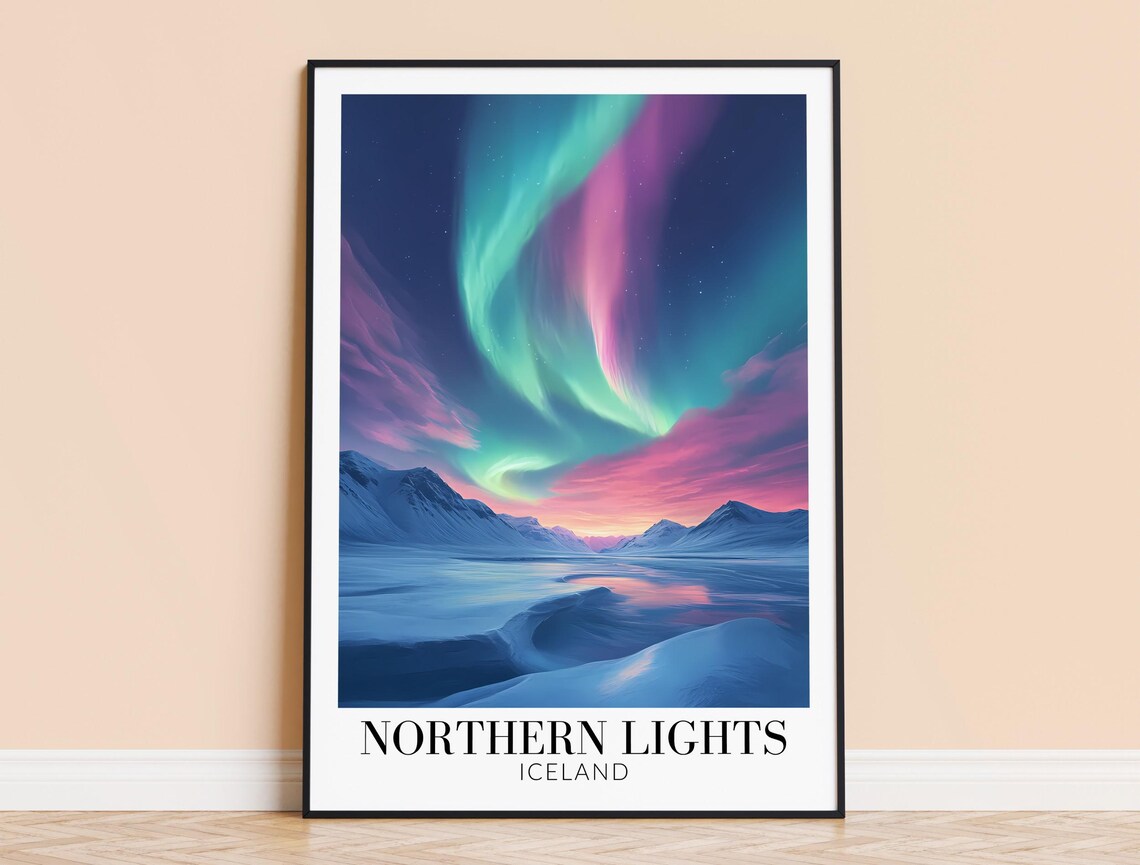 Iceland Northern Lights Aurora Over Snowy Mountains Night Poster