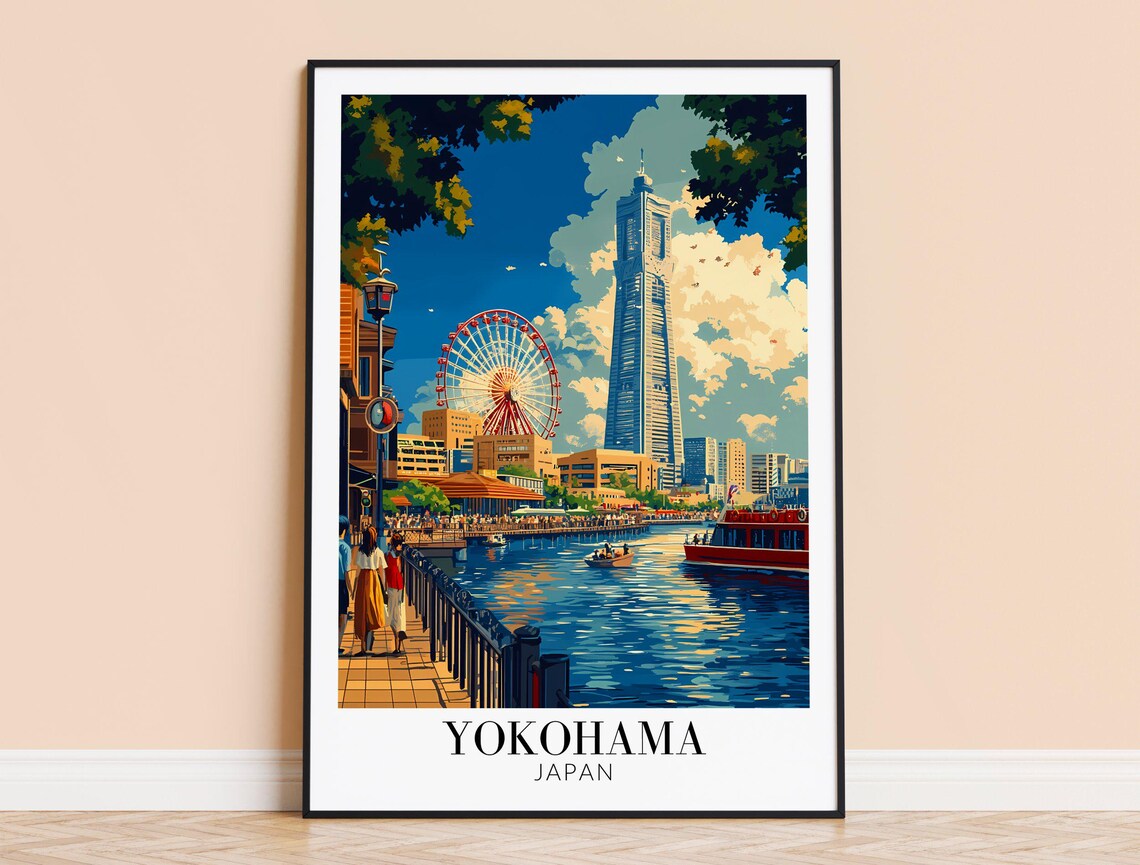 Yokohama Japan Waterfront Ferris Wheel Skyline Illustration Poster