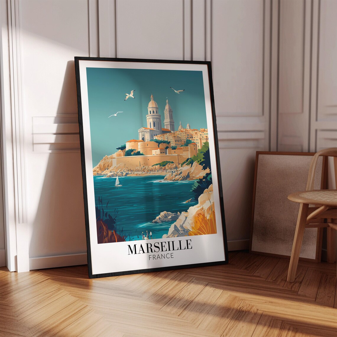 Marseille France Coastal Cliffs Sailboat Hilltop Church Travel Poster - Image 3
