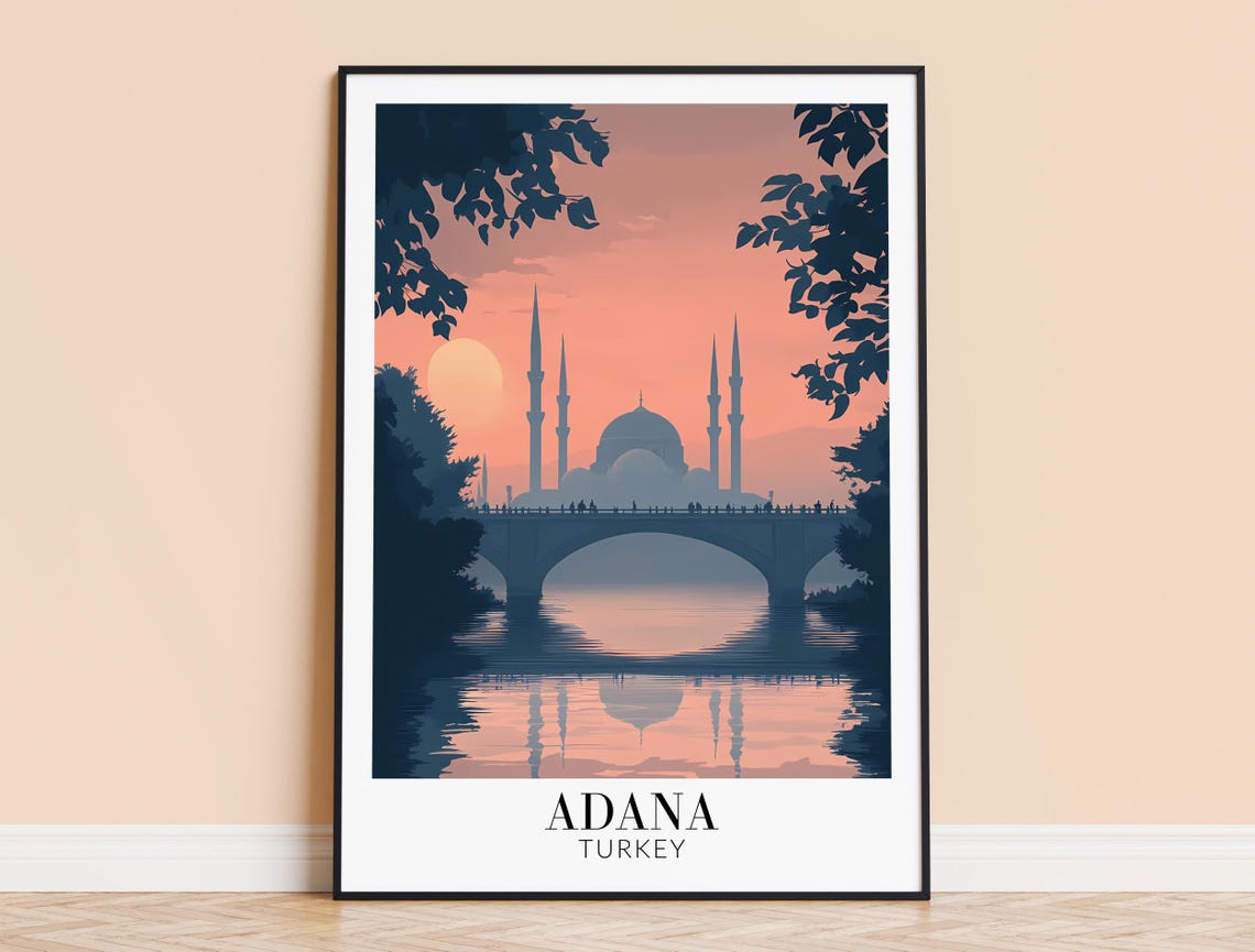 Adana Turkey Grand Mosque Silhouette Sunset River Bridge Poster