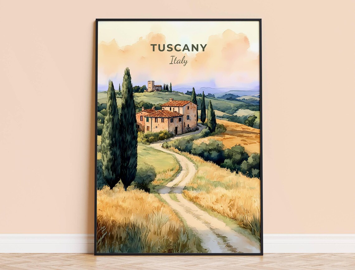 Tuscany Italy Watercolor Countryside Villa Cypress Hills Travel Poster