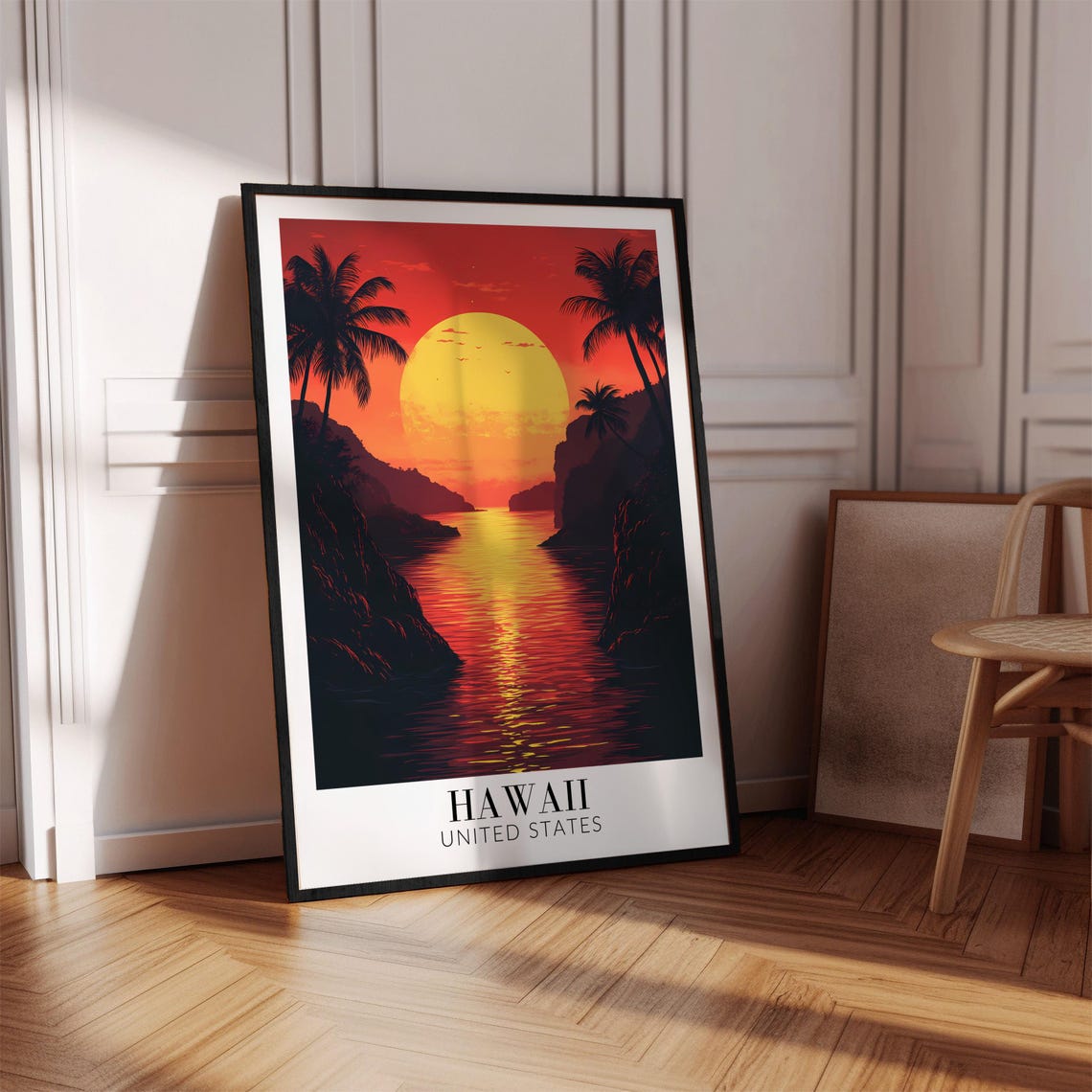 Hawaii Red Sunset Poster with Giant Sun Over Still Ocean Inlet - Image 2