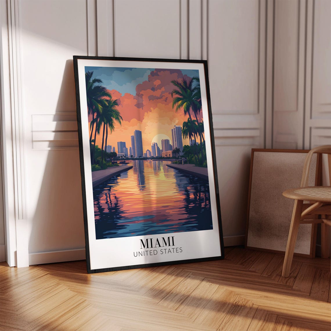 Miami Sunset Skyline Palm Trees Waterfront Vintage Travel Poster - Image 2