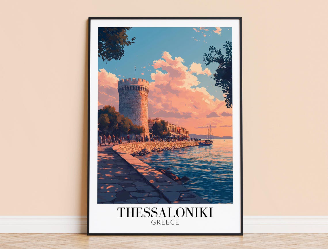 Thessaloniki Greece White Tower Sunset Waterfront Travel Poster