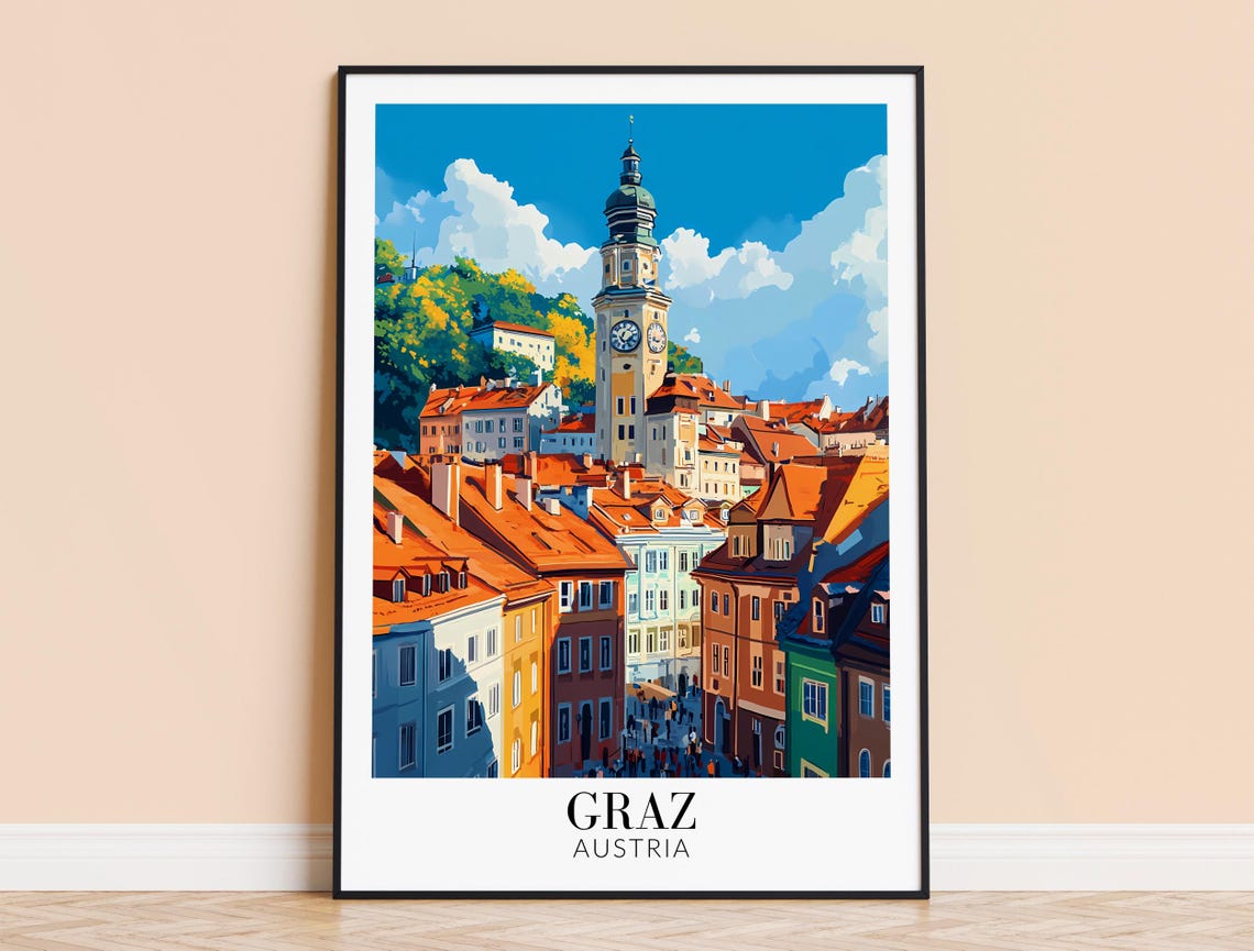 Graz Austria Old Town Clock Tower Orange Rooftops Travel Poster