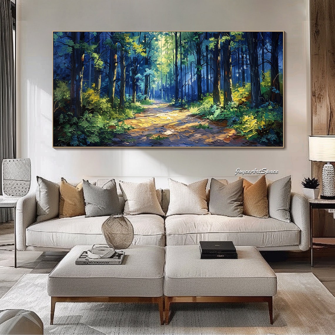 Sunlit Blue Forest Path Golden Light Textured 3D Landscape Poster - Image 4