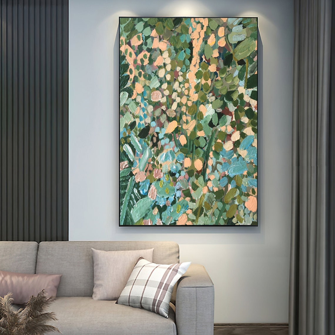 Abstract Green Jungle Leaves Blue Peach 3D Textured Wall Art - Image 3