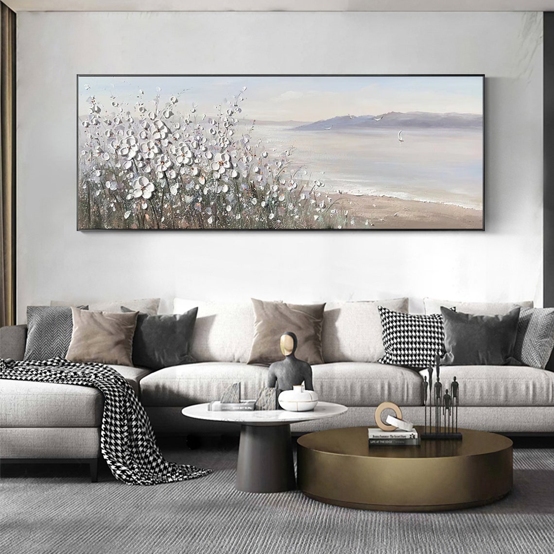 White Flowers By The Water Seascape Sailboat 3D Textured Art Poster - Image 5